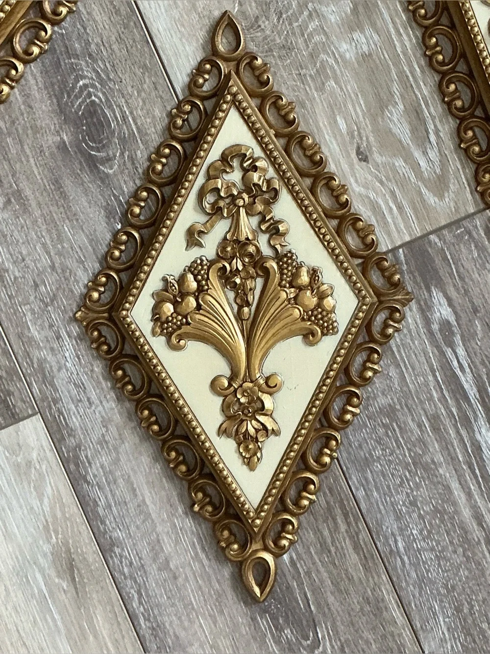 Homco Ornate Gold and Cream Diamond Wall Plaques - Set of 4